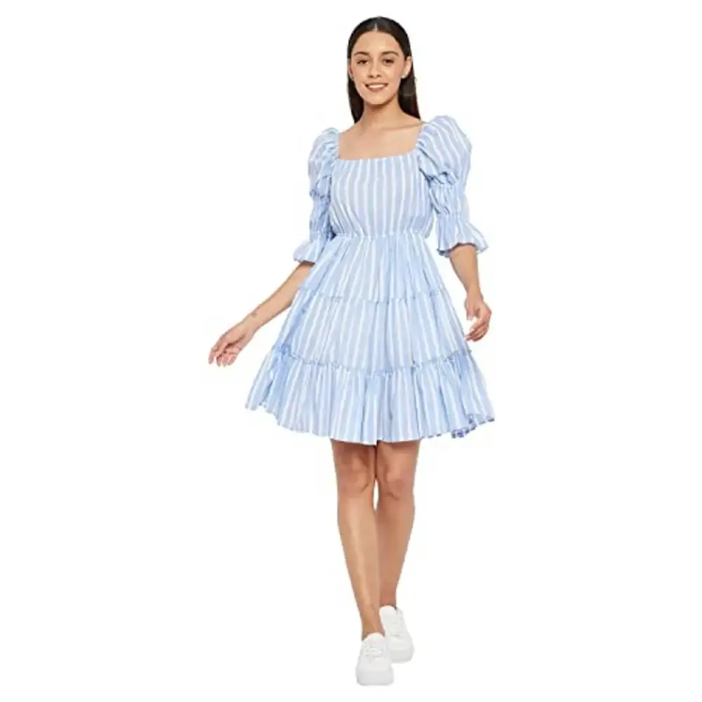 PANIT Women Blue White Stripe Fit and Flare Cotton Dress