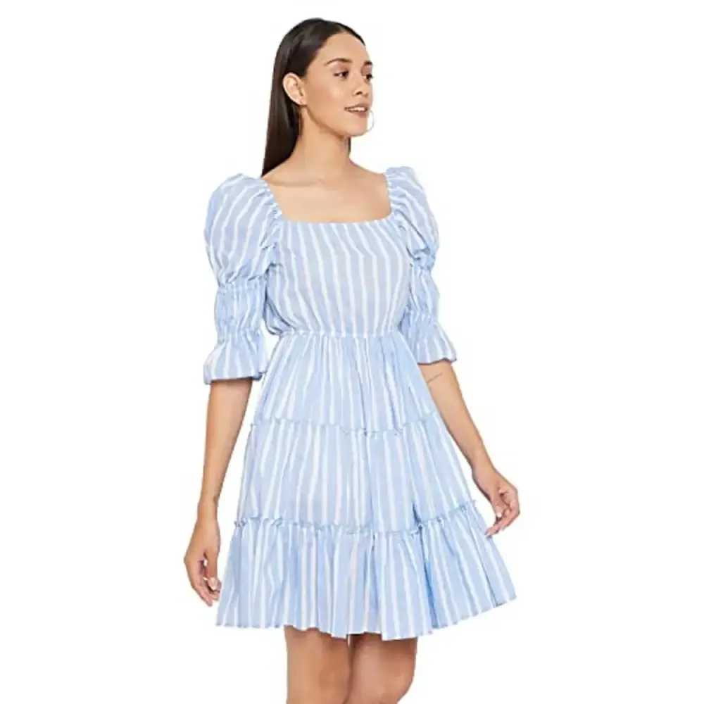 PANIT Women Blue White Stripe Fit and Flare Cotton Dress