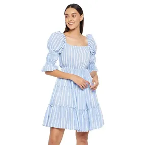 PANIT Women Blue White Stripe Fit and Flare Cotton Dress