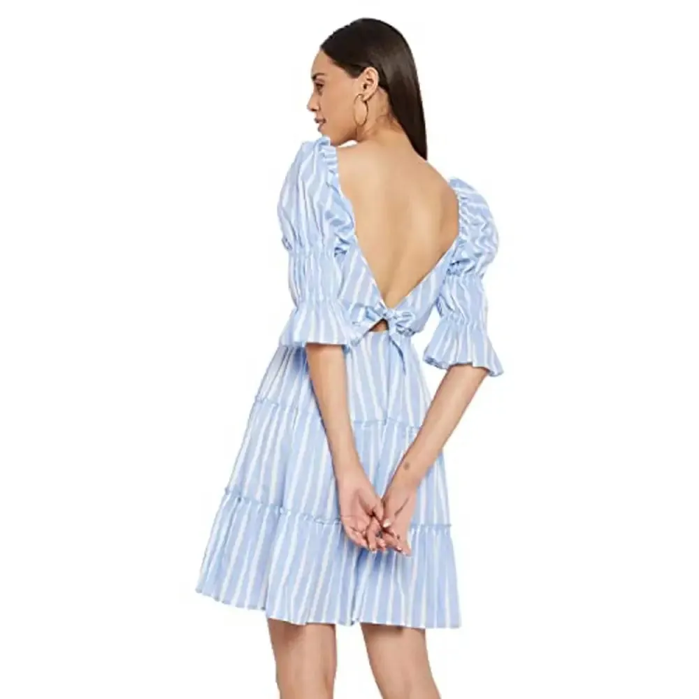 PANIT Women Blue White Stripe Fit and Flare Cotton Dress