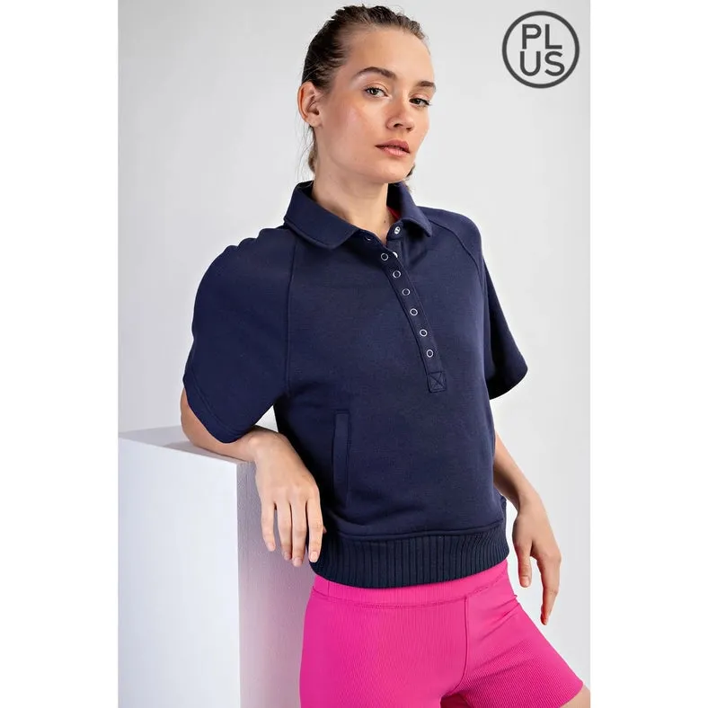 Plus Size French Terry Short Sleeve Top with Collar Navy