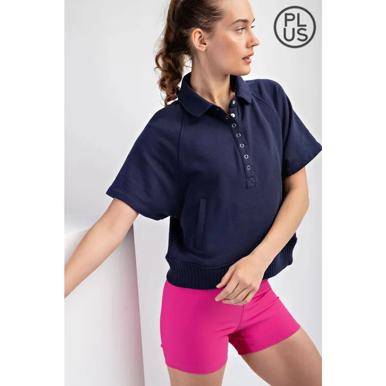 Plus Size French Terry Short Sleeve Top with Collar Navy