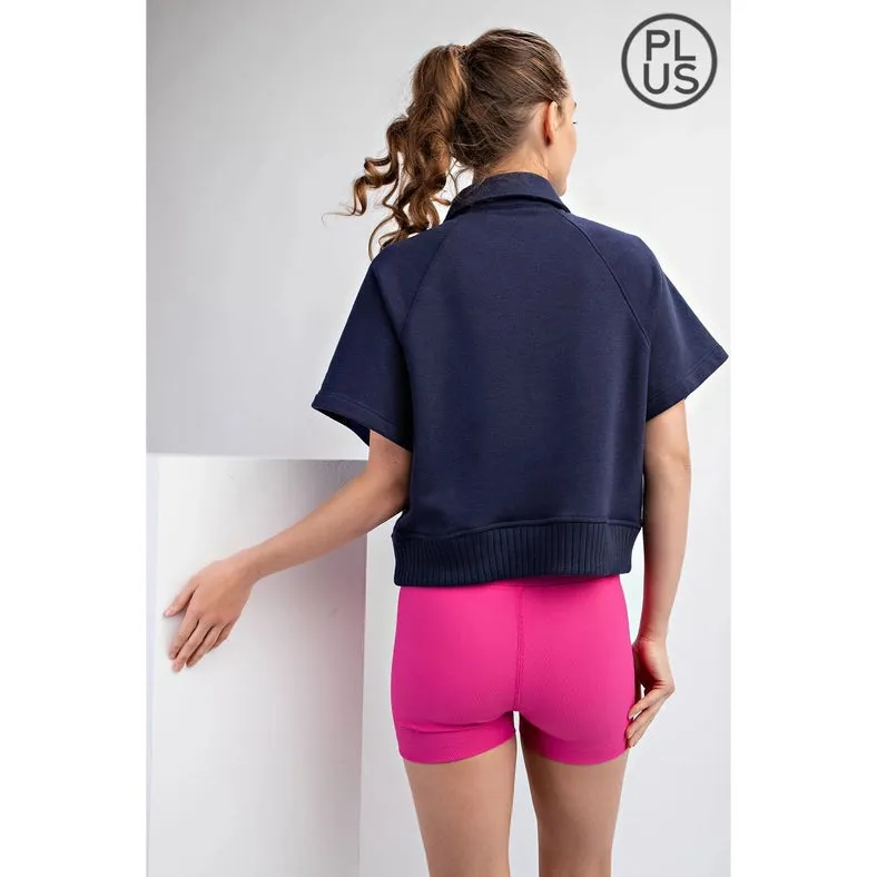 Plus Size French Terry Short Sleeve Top with Collar Navy