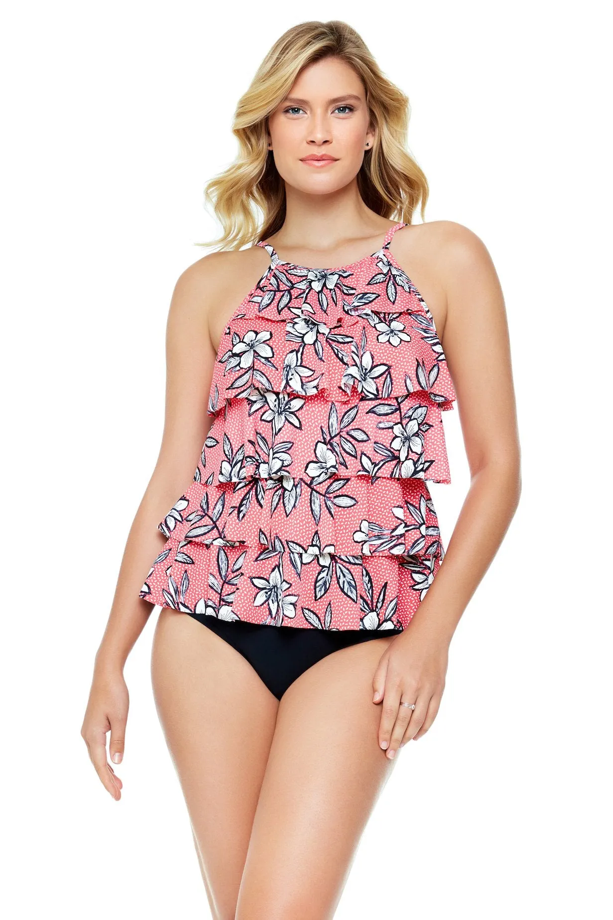 Pre-Order Penbrooke Catalina Coral Hi Neck Ruffle Tankini Swimsuit Top