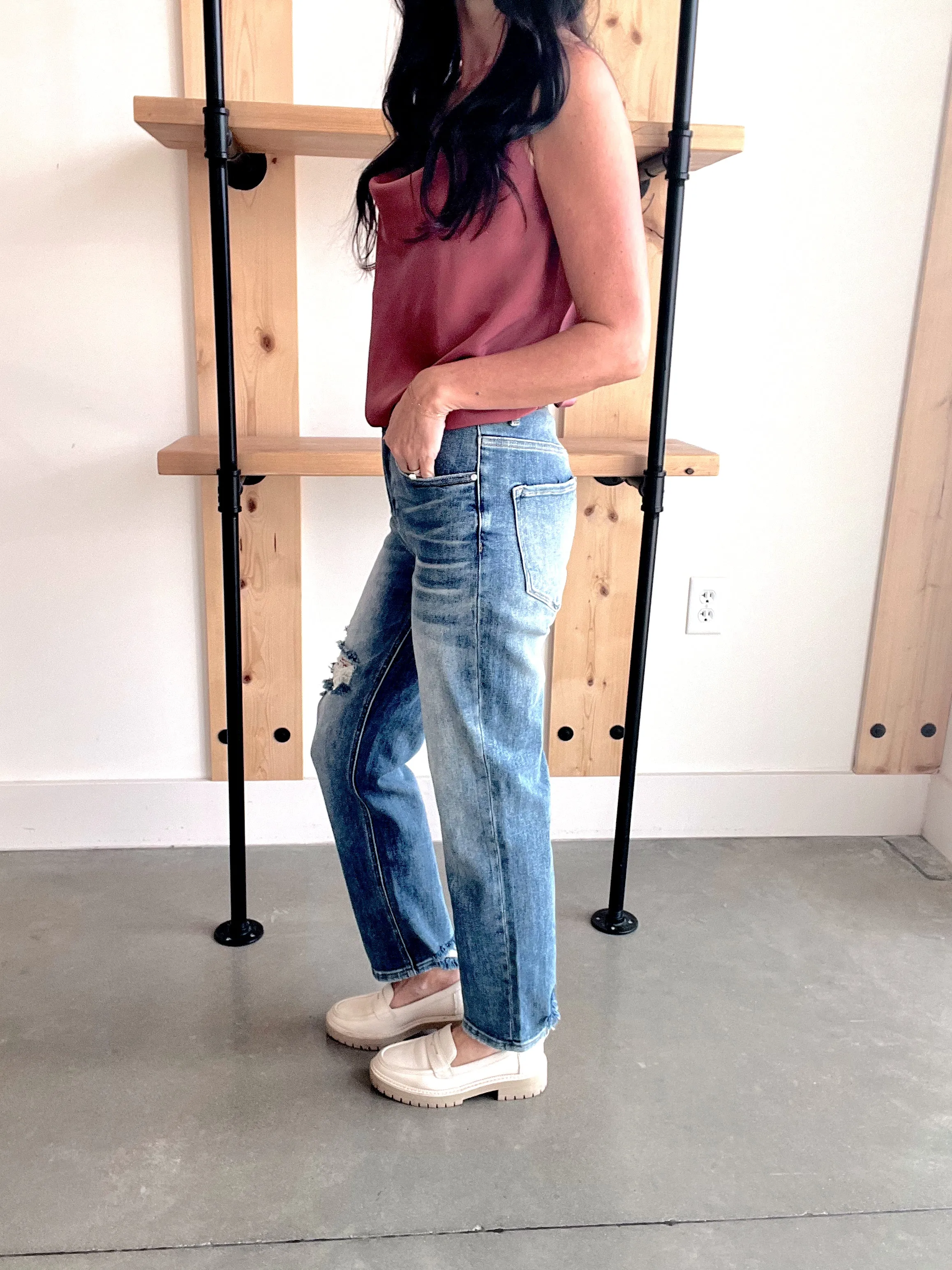 Risen High Rise Distressed Straight Jeans - Medium