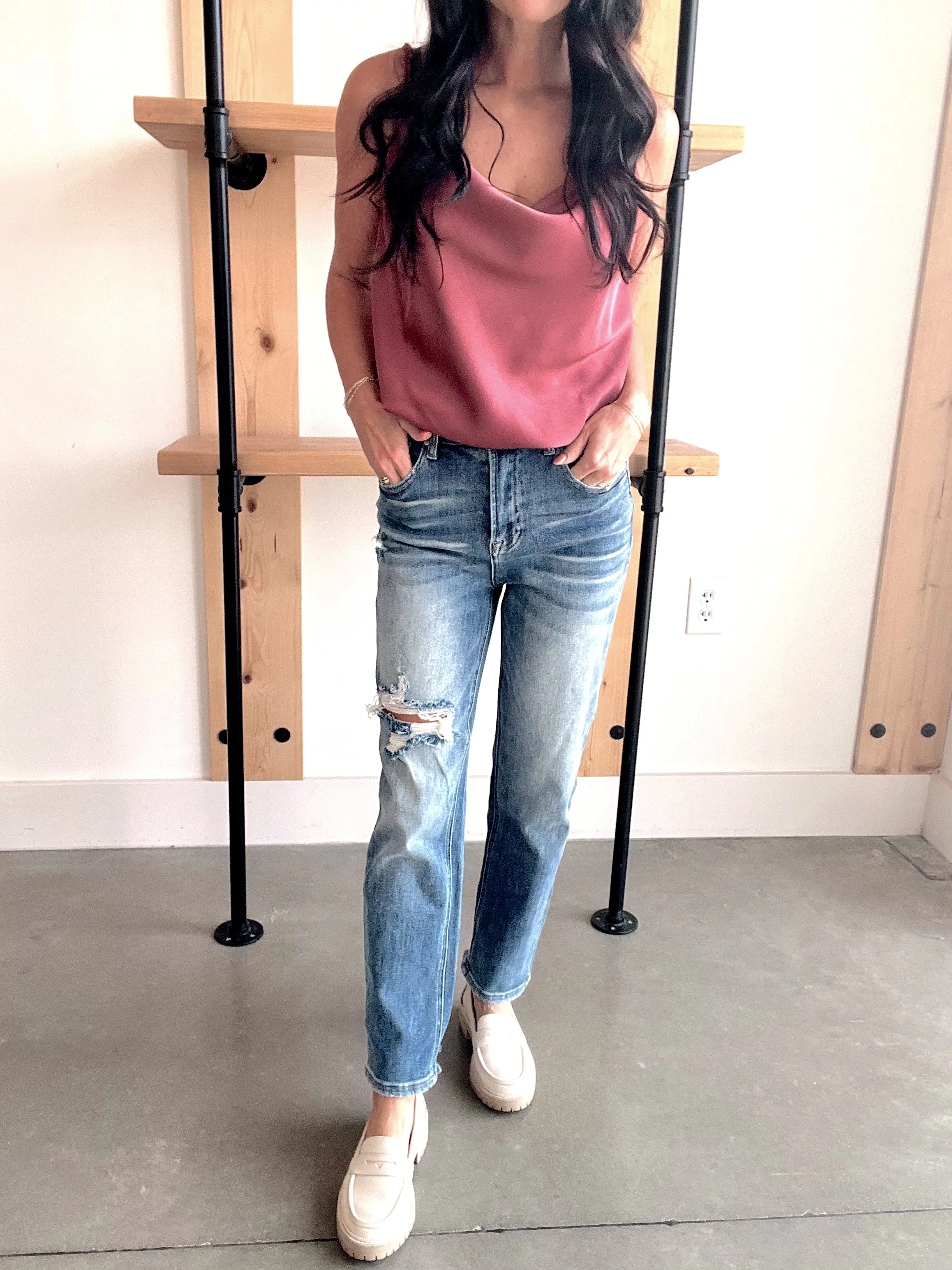 Risen High Rise Distressed Straight Jeans - Medium