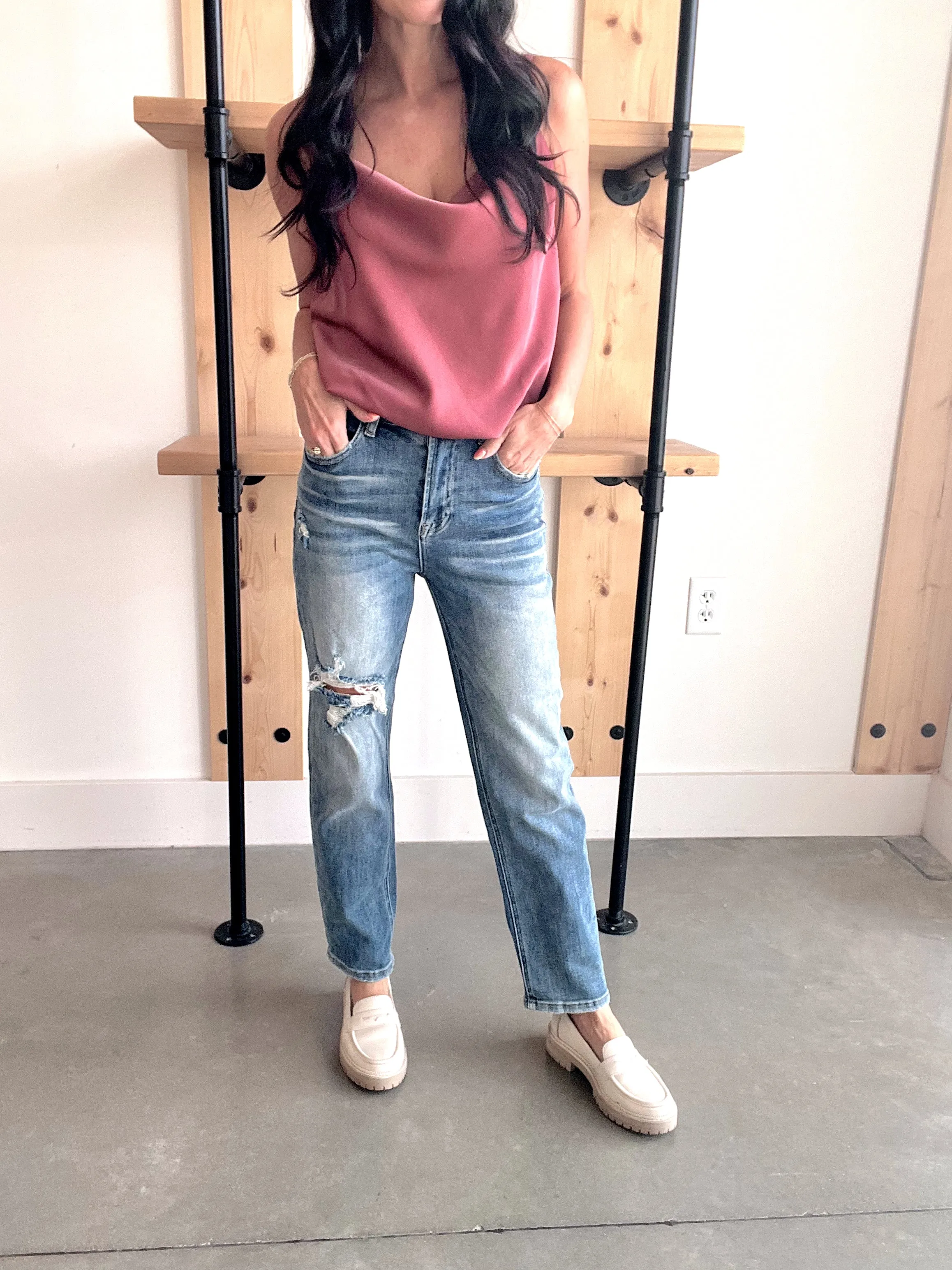 Risen High Rise Distressed Straight Jeans - Medium