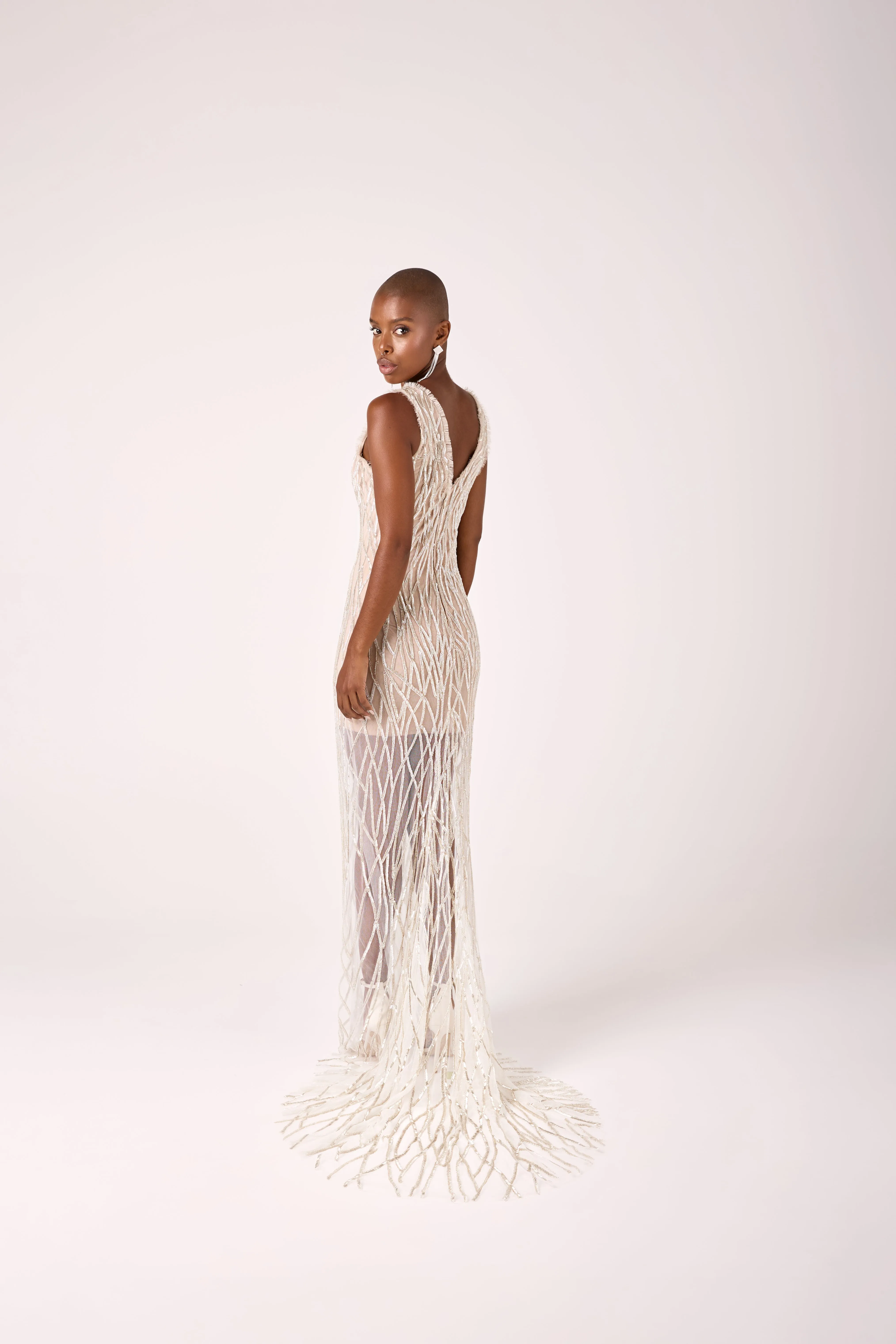 Sexy Deep V-Neckline Full Beaded Nude Tulle Wedding Dress
