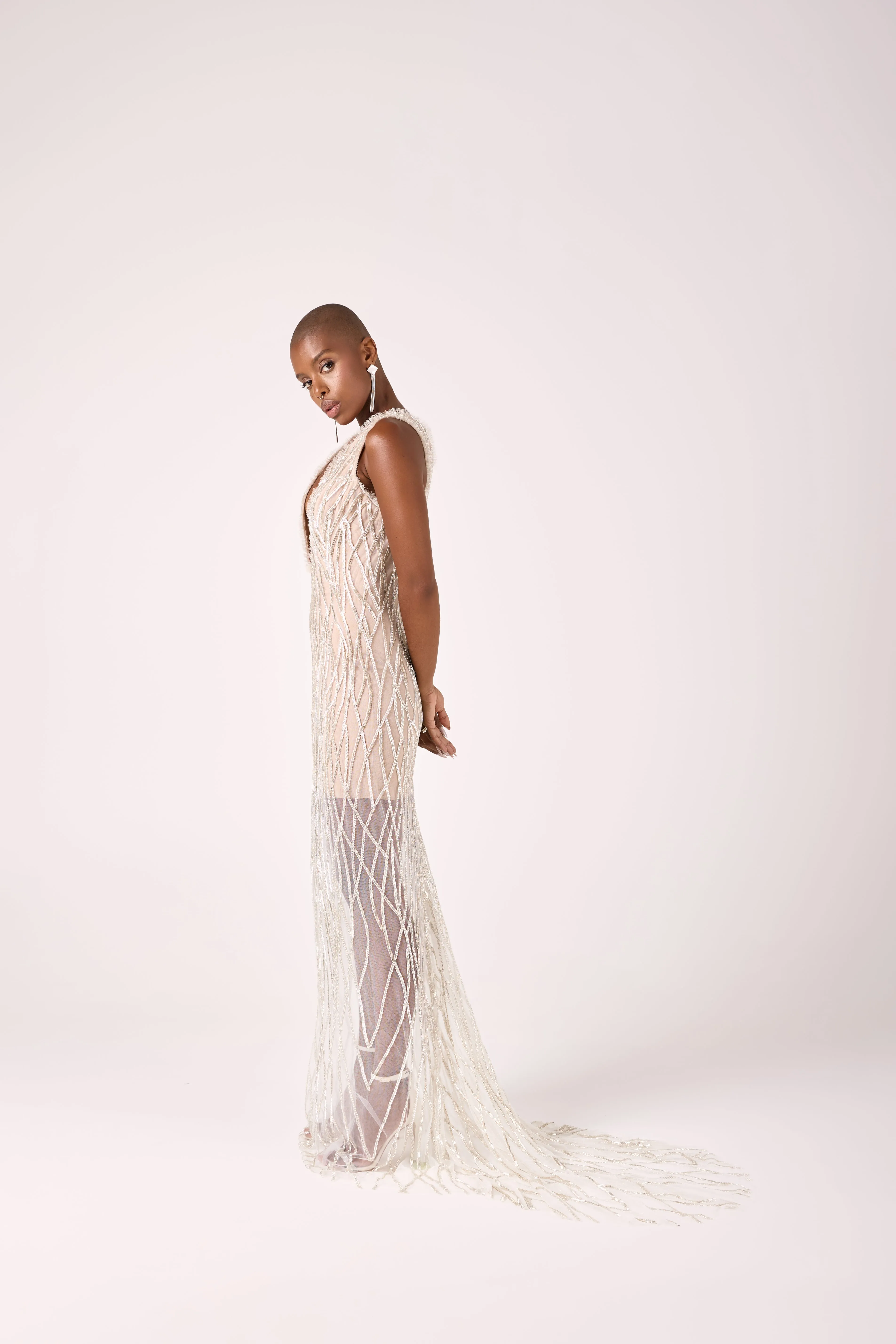Sexy Deep V-Neckline Full Beaded Nude Tulle Wedding Dress