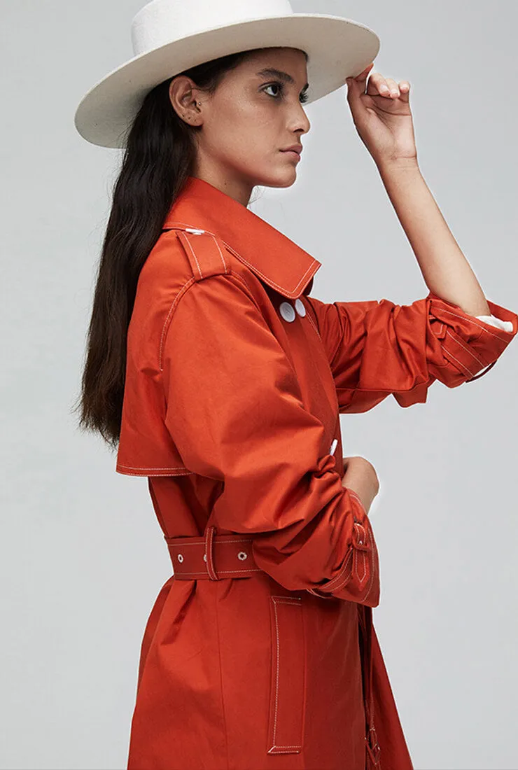 Waist Belted Double Breasted Long Trench Coat
