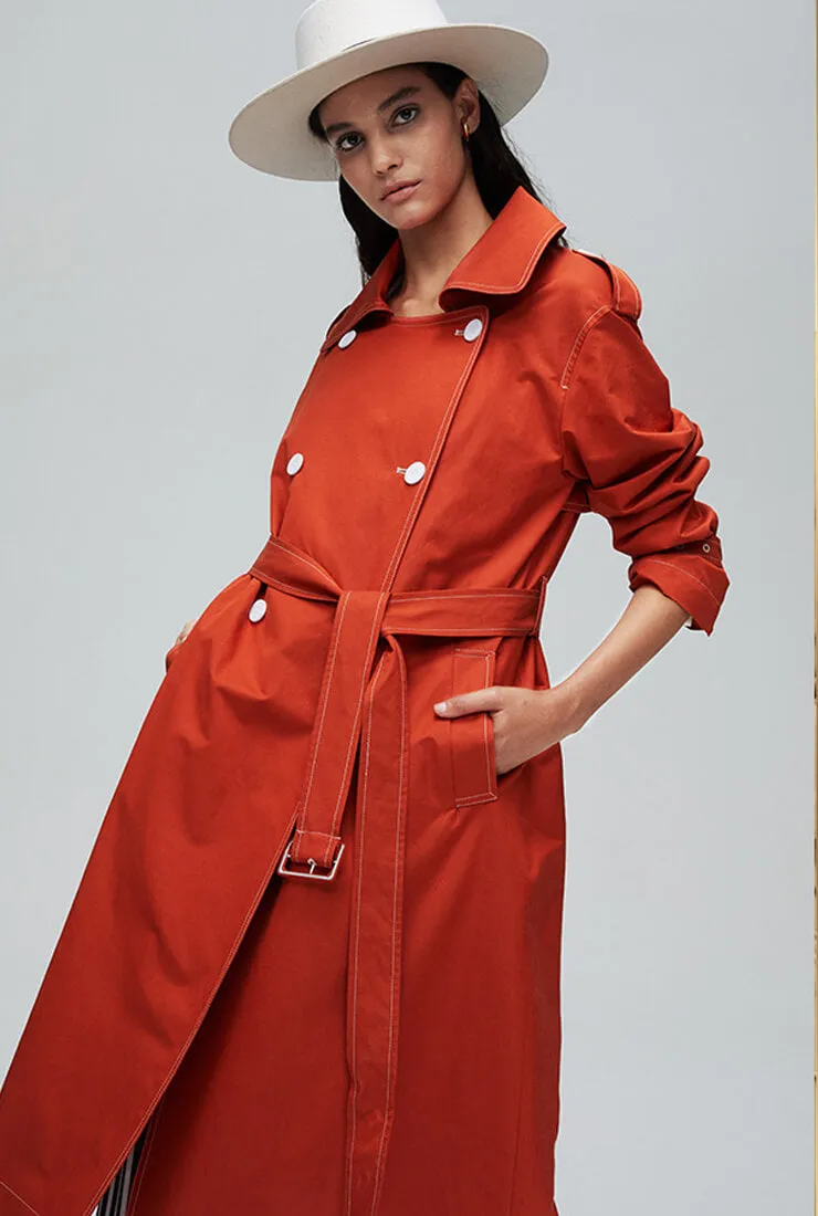 Waist Belted Double Breasted Long Trench Coat