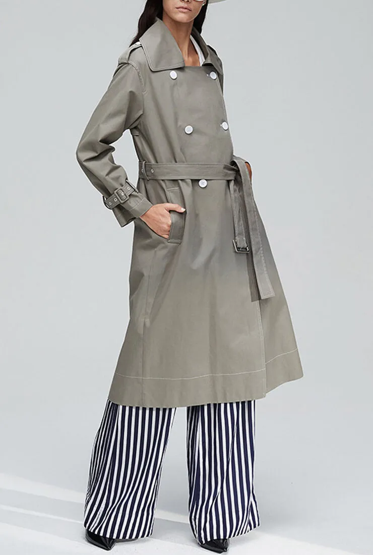 Waist Belted Double Breasted Long Trench Coat