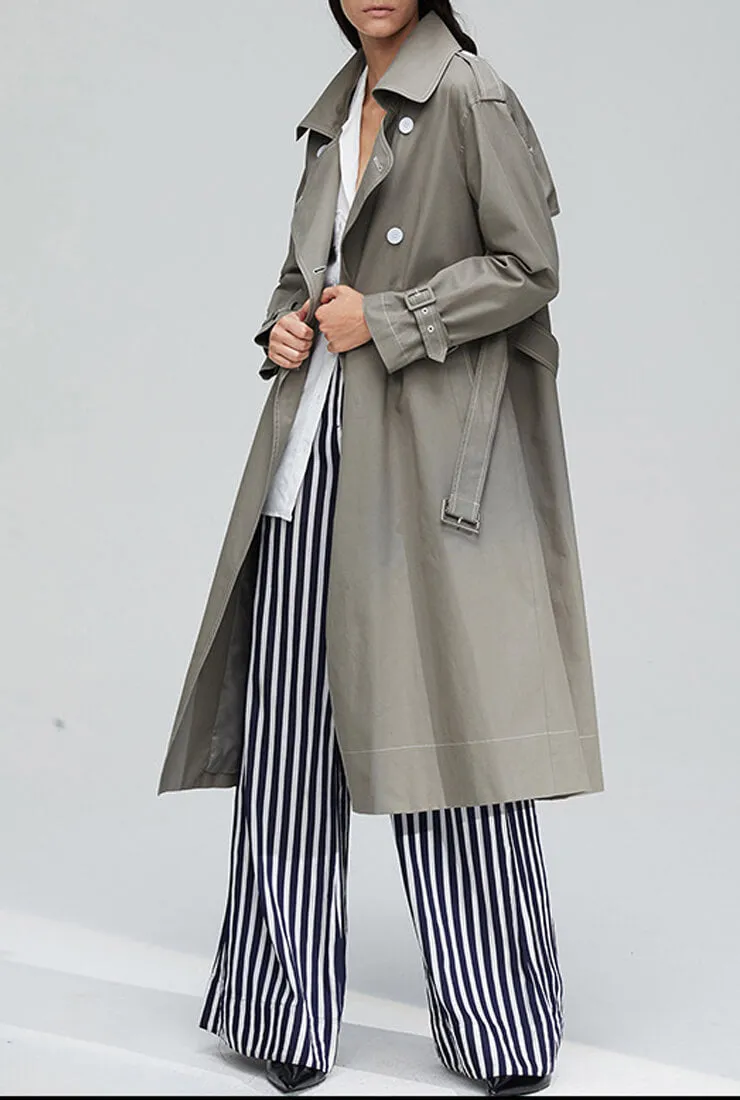 Waist Belted Double Breasted Long Trench Coat