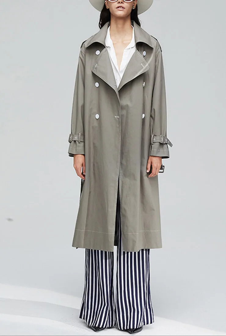 Waist Belted Double Breasted Long Trench Coat