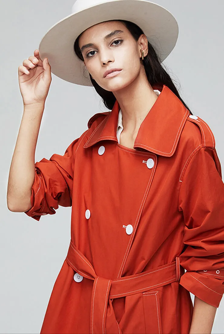 Waist Belted Double Breasted Long Trench Coat