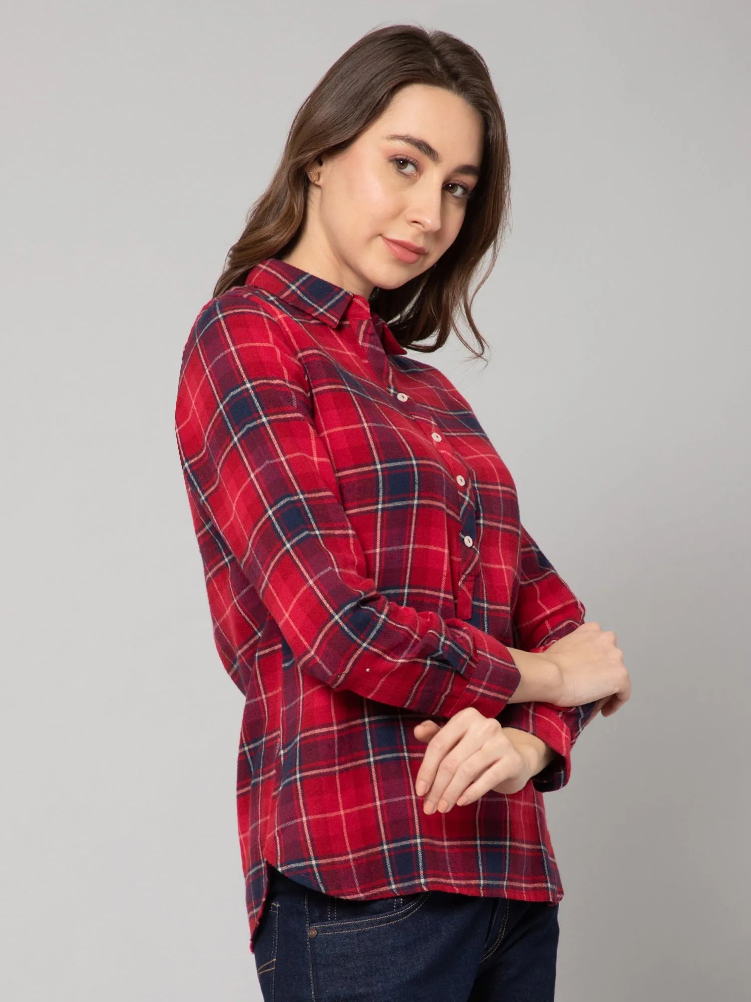 Women's Casual  Red Check Spread Collar Tunic