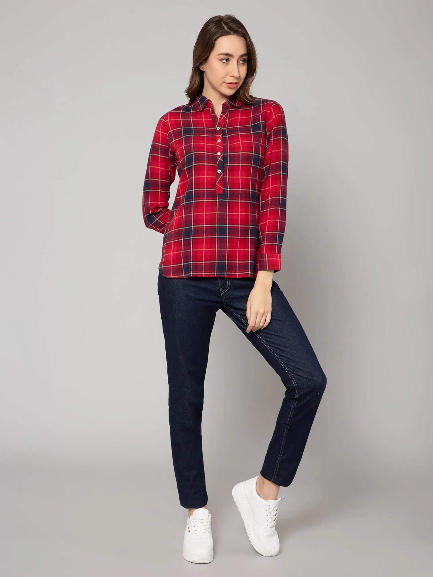 Women's Casual  Red Check Spread Collar Tunic