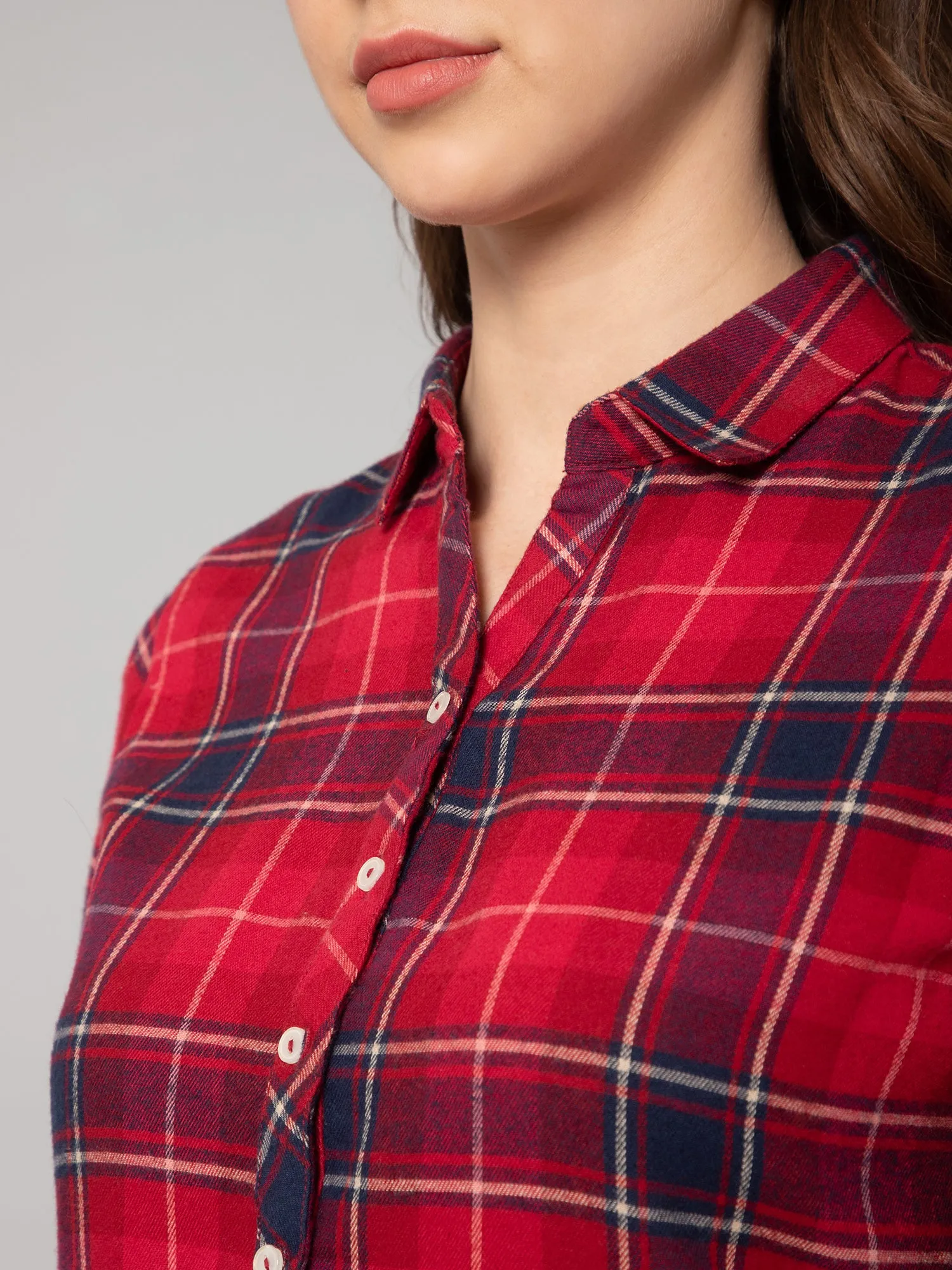 Women's Casual  Red Check Spread Collar Tunic