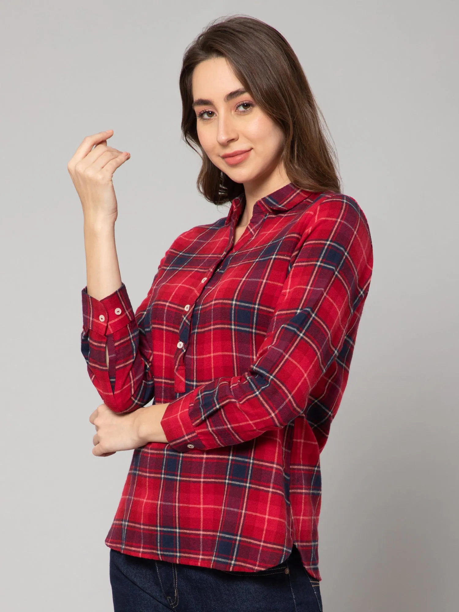 Women's Casual  Red Check Spread Collar Tunic